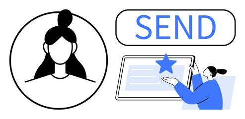 User profile avatar, large send button, person interacting with a tablet featuring a star. Ideal for communication, feedback, messaging, social platforms, profile settings, UX design simple flat
