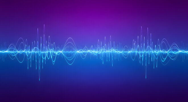 Dynamic digital sound waves pulsating across a vibrant purple and blue gradient background, illustrating audio frequency visualization or an equalizer effect