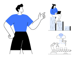 Person giving directions, woman with laptop on bar charts, automation machinery processing data via AI. Ideal for leadership, teamwork, technology, industry, collaboration data innovation. Simple