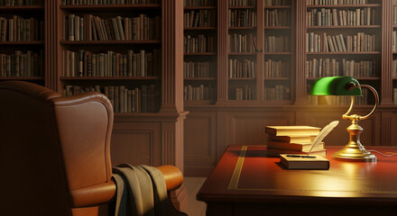 Intimate Workspace Antique Study with Soft Green Light and Cozy Library Atmosphere