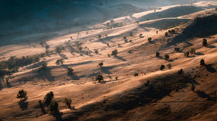 Aerial view of rolling hills covered in sparse trees under a hazy morning light in the countryside