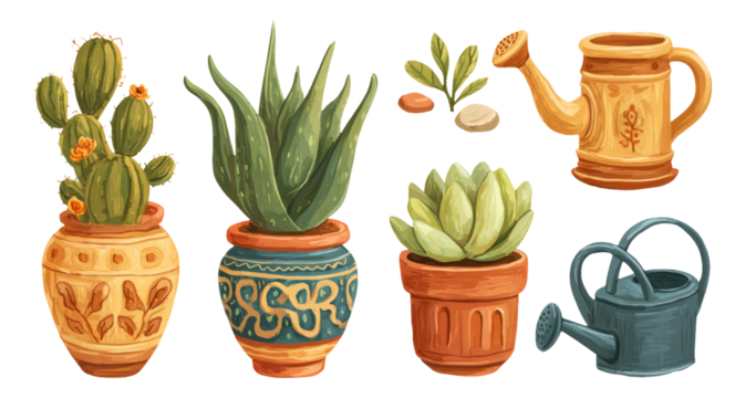 Colorful Collection of Isolated Pots and Plants with Transparent Background
