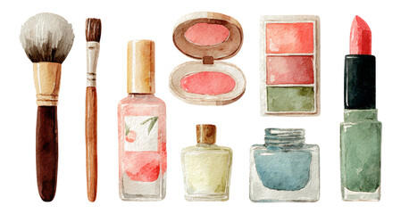 Watercolor Makeup Collection with Brush, Lipstick, and Palette on Transparent Background