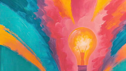 Creative light bulb with colorful explosion concept. A vibrant painting of a light bulb radiating colorful energy.