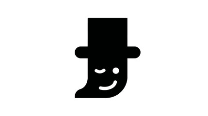 Minimalist black icon of a winking face with a top hat, simple graphic illustration on a white background, cute character design
