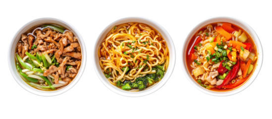 Three bowls of asian noodles with toppings isolated on transparent background