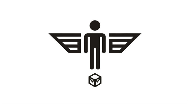 Abstract icon of a winged human figure above a box, symbolizing fast delivery, efficient logistics, speed, and reliable shipping service