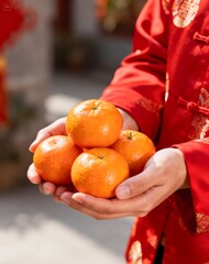 Person Holding Mandarin Oranges in Traditional Red Outfit for Chinese New Year Celebration