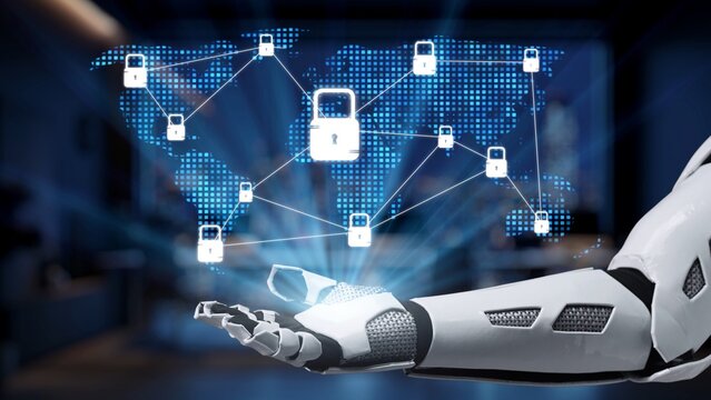 A futuristic robot hand showcases a global network security concept with digital lock symbols on an abstract world map, illustrating advanced protection technologies. Synapse