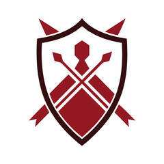Red Shield Emblem with Crossed Spears and Geometric Figure crest logo