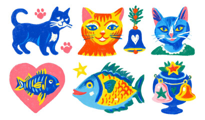 Naklejka premium Colorful Collection of Isolated Hand-drawn Animal and Decorative Illustrations