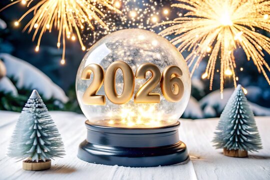 Festive 2026 snow globe with fireworks and pine trees for new year