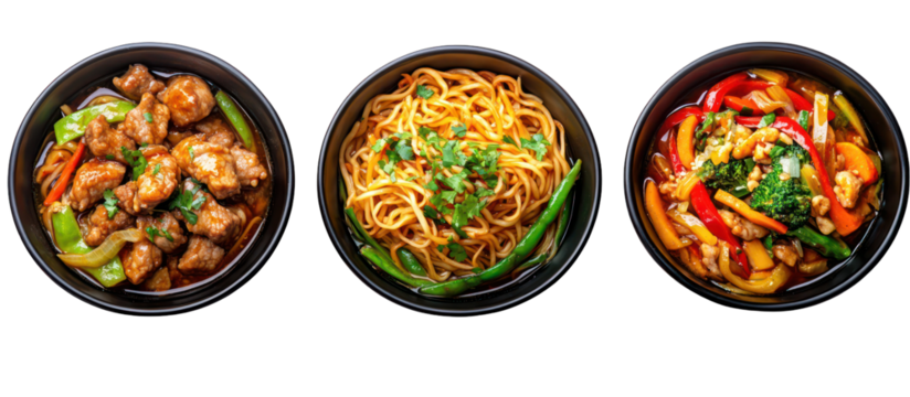 Three bowls of asian food noodles and stir fry isolated on transparent background - Powered by Adobe