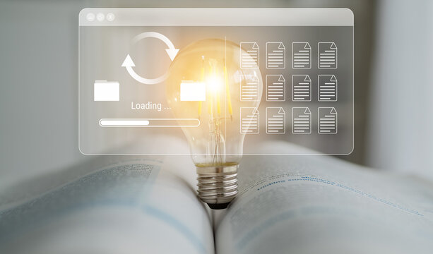 File synchronization or loading interface with progress bar, folders, and documents, symbolizing data backup, transfer, and system update Parse