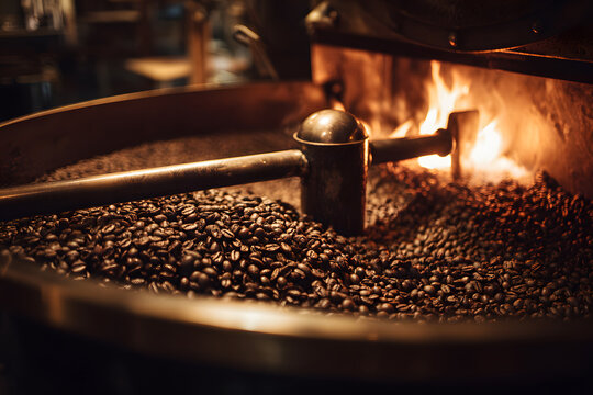 Coffee beans roasting in a metal drum at a local roasting facility in the early morning light