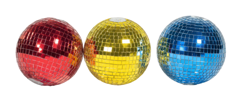 Three disco ball eggs in red yellow and blue isolated on transparent background - Powered by Adobe