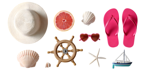 Summer vacation essentials isolated on transparent background hat, fruit, and flipflops