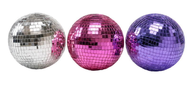 Three disco ball eggs in silver pink and purple isolated on transparent background