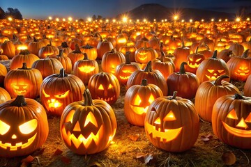 A field of carved halloween pumpkins glowing at night with a bokeh background
