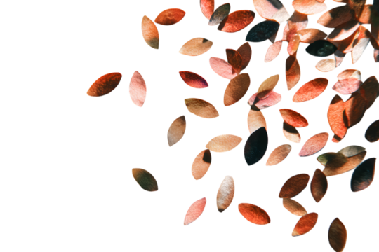Scattered brown and pink confetti isolated on transparent background in the corner