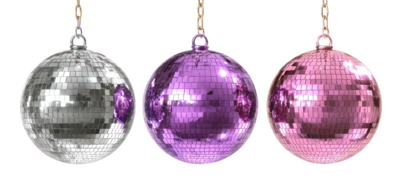 Three faceted oval ornaments in silver purple and pink isolated on transparent background