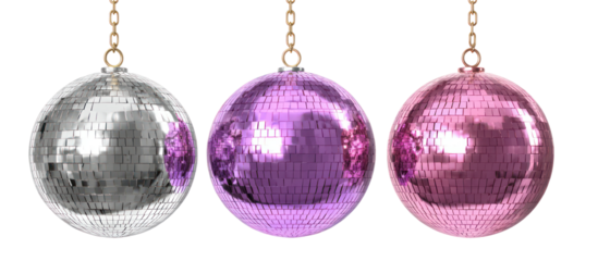 Three oval disco ball ornaments hanging isolated on transparent background