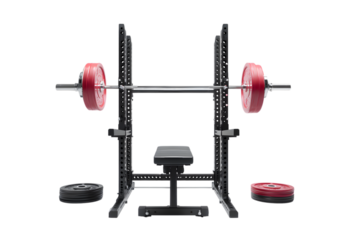 Weight training equipment with barbell and bench isolated on transparent background