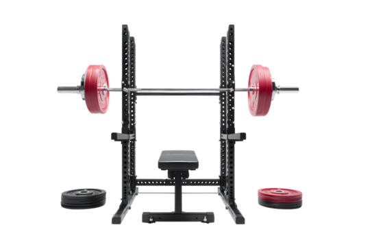 Weight training equipment with barbell and bench isolated on transparent background