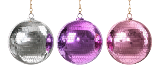 Three oval disco ball ornaments hanging isolated on transparent background