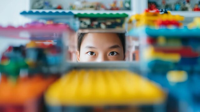 Child&rsquo;s eyes peek between rows multicolored toy bricks, highlighting curiosity, concentration. Background is filled with shelves assembled plastic toys, evoking creativity, childhood joy