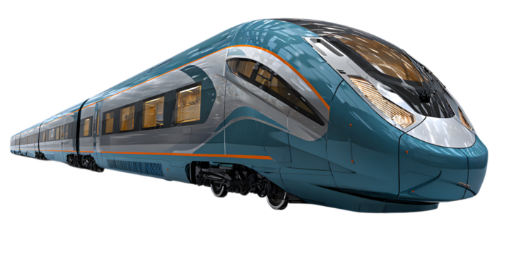 Sleek blue and silver highspeed train isolated on transparent background