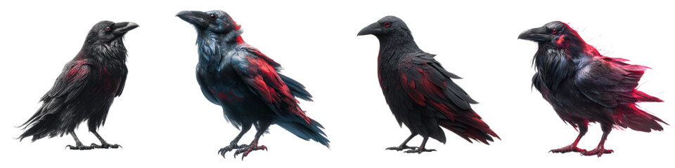 Mystical ravens with glowing red accents, perfect for fantasy illustrations, gothic designs, and Halloween-themed projects, adding a touch of dark magic and intrigue