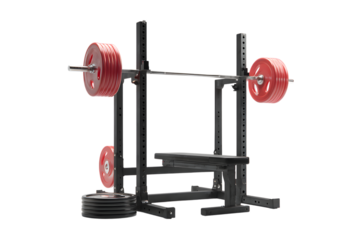 Weight bench with barbell and weights isolated on transparent background