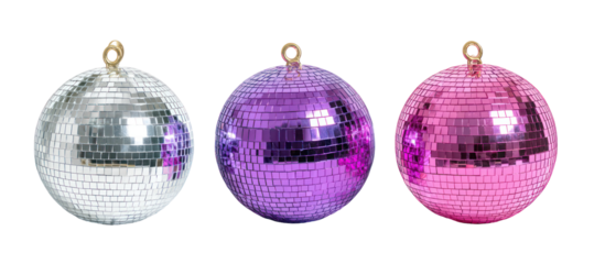 Three disco ball ornaments in silver purple and pink isolated on transparent background