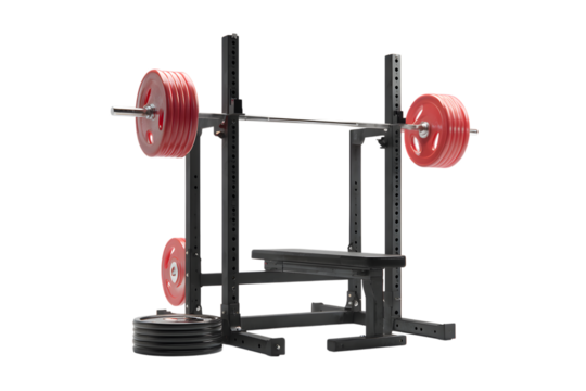 Weight bench with barbell and weights isolated on transparent background