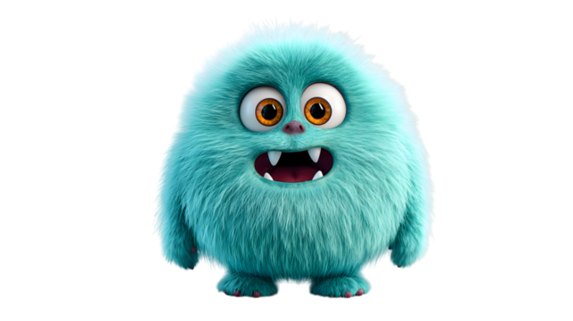 Adorable blue monster with big eyes isolated on transparent background