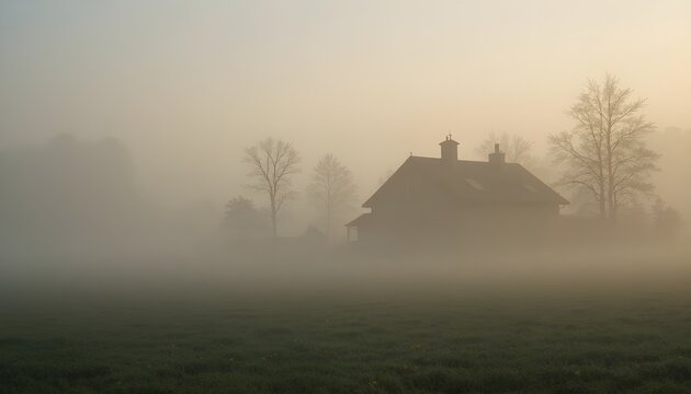 Gentle morning fog around a calm countryside house