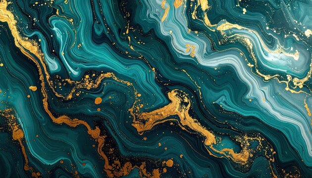 Gold flows through teal & white marbled waves - Powered by Adobe