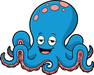 Cartoon octopus character, blue body, pink suction cups, playful smile, curled tentacles, ocean theme, vector illustration, digital artwork, marine design