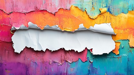 Obraz premium Abstract Painting Layered Colorful Texture with Ripped White Paper Overlay, Vibrant Wall Art Design