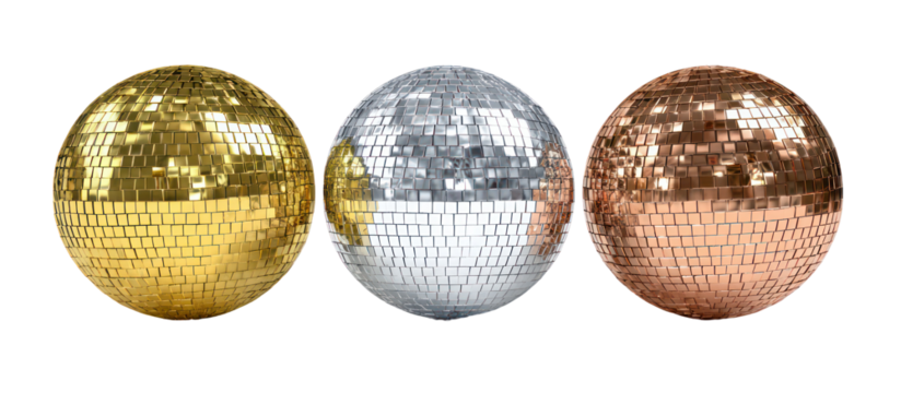 Three disco ball eggs in gold silver and copper isolated on transparent background
