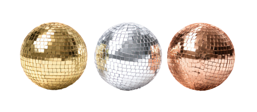 Three oval disco balls in gold silver and bronze isolated on transparent background
