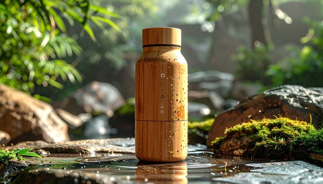 Sustainable bamboo water bottle, glistening with natural condensation, placed amidst a serene jungle stream, symbolizing refreshing hydration and harmony with nature