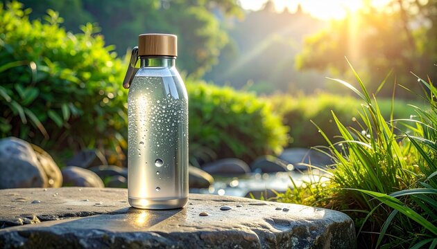 Refreshing hydration a stainless steel water bottle amidst nature's beauty, promoting a healthy, eco-friendly lifestyle
