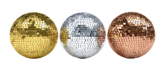 Three disco balls in gold silver and bronze isolated on transparent background