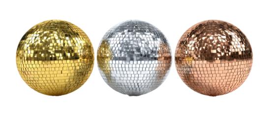 Three textured oval objects in gold silver and bronze isolated on transparent background