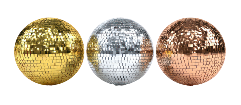 Three textured oval objects in gold silver and bronze isolated on transparent background