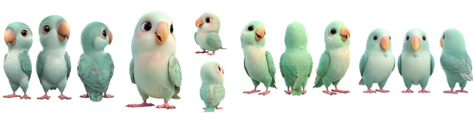 Delightful collection of adorable pastel parrot illustrations perfect for children's books, educational materials, and charming branding projects with a touch of whimsy