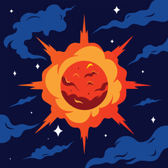 Stylized Sunburst with Clouds and Stars in Dark Sky