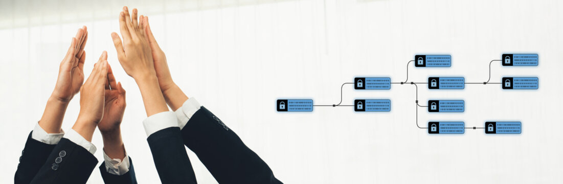 A dynamic scene showcasing hands raised in a collaborative gesture, accompanied by flowchart elements reflecting teamwork and data-driven project management in an office environment. Trope - Powered by Adobe